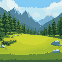 the middle should only contain grass, the rest should have trees and mountains, it should be detailed with wood lying on the ground and stones, not too big, the image should be in 1280x720 format  wit