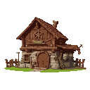 wooden and stone house with swords axes scythes and hanging armor  medieval  designed for a retro style farm simulation game.