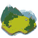 isometric map, the middle of the map should contain only grass, the rest should have trees and mountains, it should be detailed with wood lying on the ground and stones, not too big, the image should 