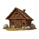 medieval woodcutting house poor with several stones  designed for a  retro style farm simulation game.
