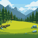 the middle should only contain grass, the rest should have trees and mountains, it should be detailed with wood lying on the ground and stones, not too big, the image should be in 1280x720 format  no 