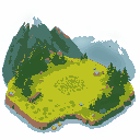 isometric map, the middle of the map should contain only grass, the rest should have trees and mountains, it should be detailed with wood lying on the ground and stones, not too big, the image should 