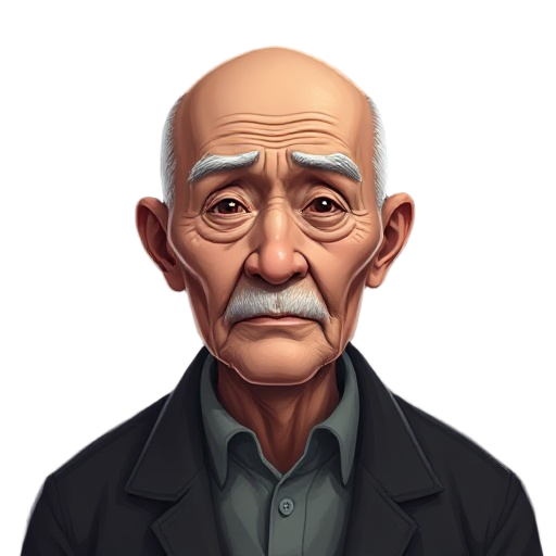 a bald old central asian man in his mid 70s with no hair tells his life story, his eyes are not visible, the image is grainy and unsettling