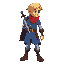 blonde guy, hero, with a sword, blue red and brown clothes, red scarf, brown shoes, sideview, looking to the right, 