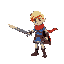 blonde guy, hero, with a sword, blue red and brown clothes, red scarf, brown shoes