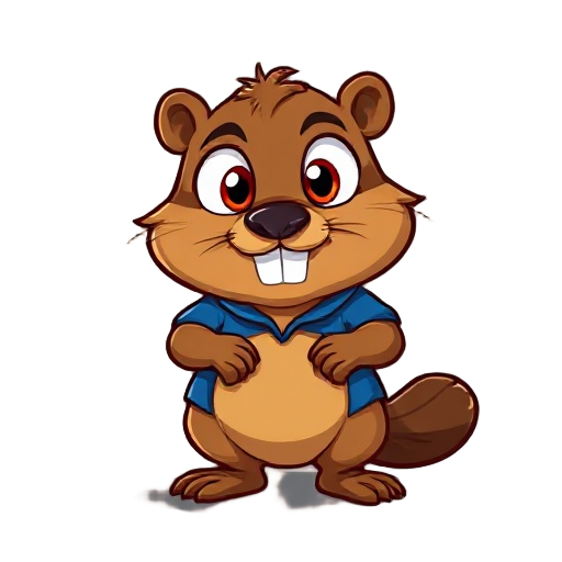 crazy-eyed beaver character in a blue shirt, designed in a vector retro game style