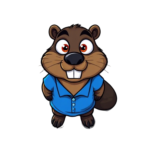 crazy-eyed beaver character in a blue shirt, designed in a vector retro game style