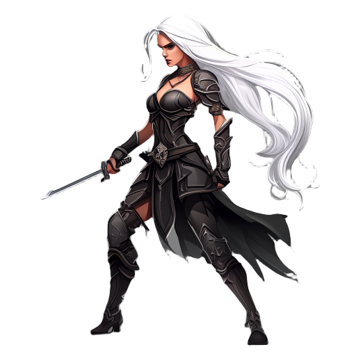 dark fantasy human female warrior ,realistic body size, white long hair ,fight stance face sideways
