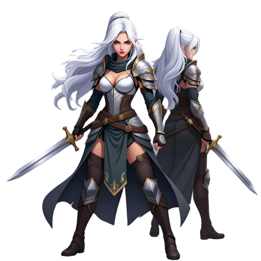 dark fantasy human female warrior ,realistic body size, white long hair ,fight stance face sideways