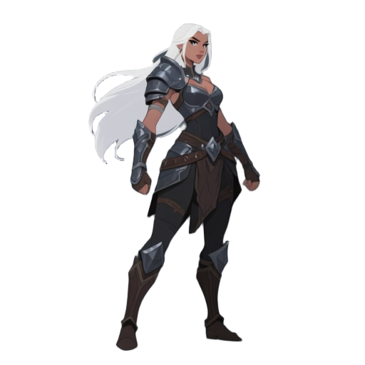 dark fantasy human female warrior ,realistic body size, white long hair ,fight stance face sideways