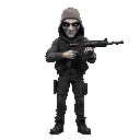 realistic looking gunman with a drama mask, body with realistic real life proportions