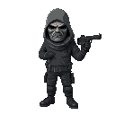 masked gunman with sad drama mask, realistic proportion