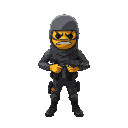 masked gunman with the grumpy emoji mask