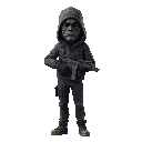 masked gunman with sad drama mask, realistic real-life body proportions