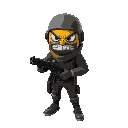masked gunman with the grumpy emoji mask, realistic proportions