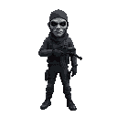 masked gunman with a sad drama mask, realistic proportion