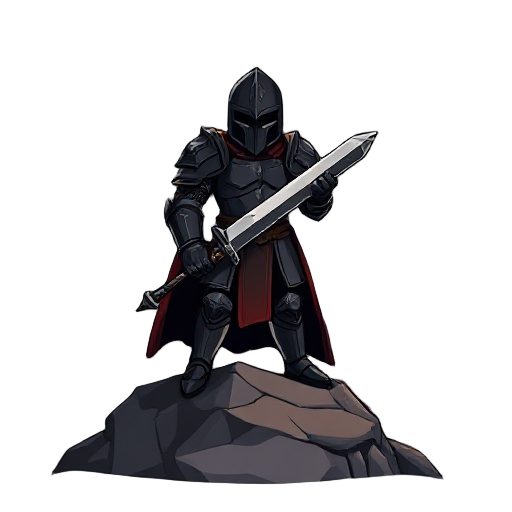 a dark knight clad in black plate armor, his face obscured by a shadowed helm. he stands on a rocky outcrop overlooking a burning city, a massive greatsword held in his gauntletted hands.