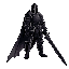 a dark knight clad in black plate armor, his face obscured by a shadowed helm. he stands on a rocky outcrop overlooking a burning city, a massive greatsword held in his gauntletted hands.