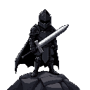 a dark knight clad in black plate armor, his face obscured by a shadowed helm. he stands on a rocky outcrop overlooking a burning city, a massive greatsword held in his gauntletted hands.