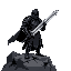 a dark knight clad in black plate armor, his face obscured by a shadowed helm. he stands on a rocky outcrop overlooking a burning city, a massive greatsword held in his gauntletted hands.