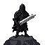 a dark knight clad in black plate armor, his face obscured by a shadowed helm. he stands on a rocky outcrop overlooking a burning city, a massive greatsword held in his gauntletted hands.