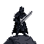 a dark knight clad in black plate armor, his face obscured by a shadowed helm. he stands on a rocky outcrop overlooking a burning city, a massive greatsword held in his gauntletted hands.