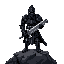 a dark knight clad in black plate armor, his face obscured by a shadowed helm. he stands on a rocky outcrop overlooking a burning city, a massive greatsword held in his gauntletted hands.