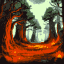 enchanted forest filled with ancient, towering trees on the left and right some of the trees are burning and grass field on the middle is scorched