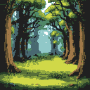 enchanted forest filled with ancient, towering trees on the left and right and grass field on the middle