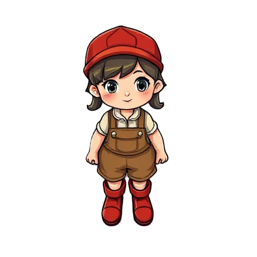a child with a red cap on her head and a farmer clothes and red boots