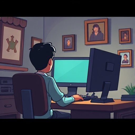 generate an image with a person sitting in a room with his back towards the screen on his pc with a few portrait frames on the wall visible