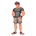 shorts and t-shirt. super muscular quads with fluffy dark hairthe character should be facing to the right side like in street fighter , ,fists up, knees a little bent feet facing forward . 