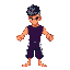 street fighter style. super ripped guy with dark edgar cut and navy shorts with a white stripe.  dark purple t-shirt. fighting stance, skin should be tan. similar to baki hanna 