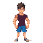 for the character, i probably want to do a super ripped guy with dark hair and maybe like some blue shorts with a blue stripe, and then like a dark purple t-shirt, his hair should be pretty fluffy and