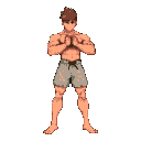 only shorts. super muscular quads. like baki hanna the character should be facing to the left side fighting stance like ryu from street fighter , hands to chest, knees a little bent. 