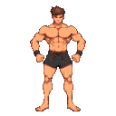 only shorts. super muscular quads. like baki hanna the character should be facing to the left side stance like ryu from street fighter , hands up, knees a little bent feet facing forward . 