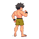 shorts and t-shirt. super muscular quads with fluffy dark hair like in street fighter.the character should be facing to the right side, ,fists up, knees a little bent feet facing forward . 