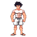 shorts and t-shirt. super muscular quads with fluffy dark hair like in street fighter.the character should be facing slightly to the side, not directly forward or back,fists up, knees a little bent. 