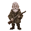 old hunter with gray hair and gray beard with a gun in his hands and a jacket winter