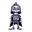 8x8 pixel art, cartoon skeleton knight, no weapon, jaw falling off, colorful, modern style, white bones, vibrant background, glowing blue eyes, playful