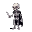 16x16 pixel art, fantasy skeleton knight, no weapon, jaw falling off, dark fantasy, retro game style, white bones, black background, glowing red eyes, minimalist