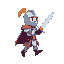 a whimsical fairy-tale knight in pixel art side view for a 2d platformer. colorful armor glowing sword small shield. heroic friendly expression. dynamic pose for running jumping attacking. clean vibra