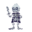 8x8 pixel art, cartoon skeleton knight, no weapon, jaw falling off, colorful, modern style, white bones, vibrant background, glowing blue eyes, playful