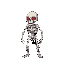 16x16 pixel art, fantasy skeleton knight, no weapon, jaw falling off, dark fantasy, retro game style, white bones, black background, glowing red eyes, minimalist