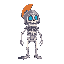 8x8 pixel art, cartoon skeleton knight, no weapon, jaw falling off, colorful, modern style, white bones, vibrant background, glowing blue eyes, playful