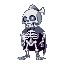 4x4 pixel art, cartoon skeleton knight, no weapon, jaw falling off, colorful, modern style, white bones, vibrant background, glowing blue eyes, playful