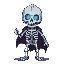 8x8 pixel art, cartoon skeleton knight, no weapon, jaw falling off, colorful, modern style, white bones, vibrant background, glowing blue eyes, playful