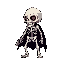 8x8 pixel art, fantasy skeleton knight, no weapon, jaw falling off, dark fantasy, retro game style, white bones, black background, glowing red eyes, minimalist