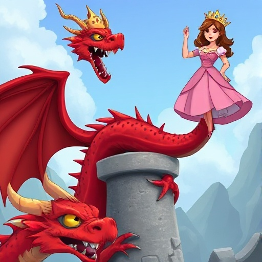 scary red dragon looking at the bottom left, wrapping around the concrete pillar, holding in its hand up in the air to the sky to capture is a princess with brown hair, a golden crown and a pink dress