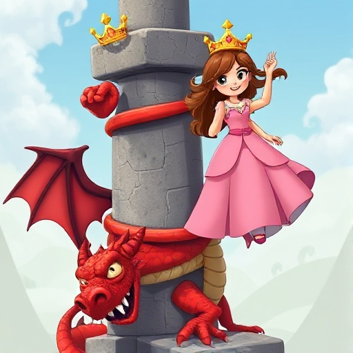 scary red dragon looking at the bottom left, wrapping around the concrete pillar, holding in its hand up in the air to the sky to capture is a princess with brown hair, a golden crown and a pink dress